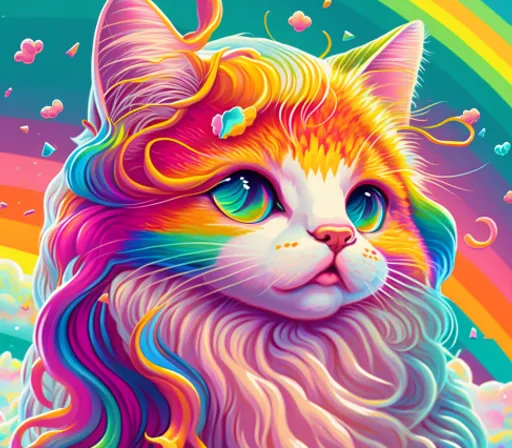 a painting of a cat with a rainbow background