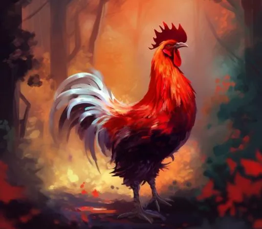 a painting of a rooster standing in a forest