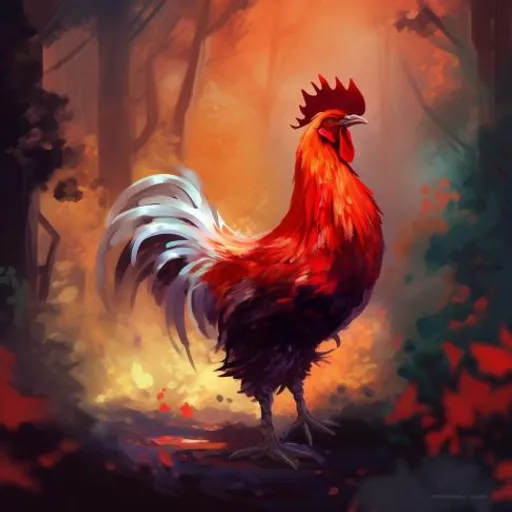 a painting of a rooster standing in a forest