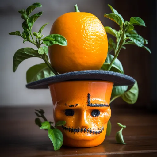 an orange with a face painted on it and a hat on top of it