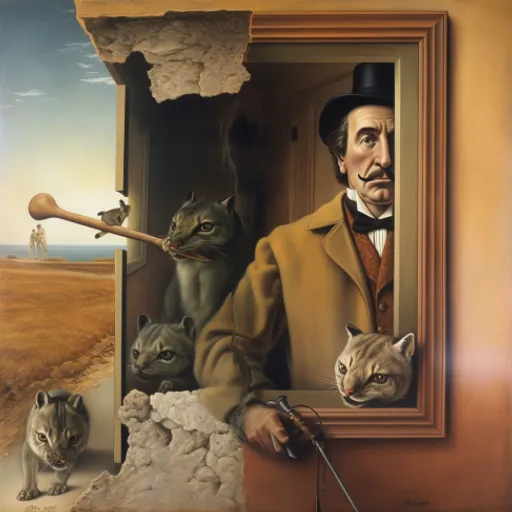 a painting of a man with cats in a doorway