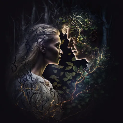 a man and a woman face to face in the woods