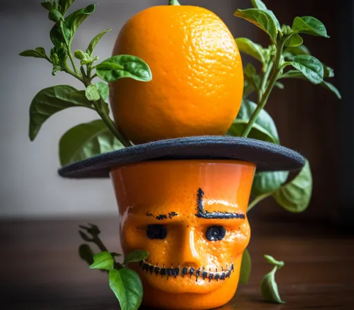 an orange with a skull face and a hat on top of it