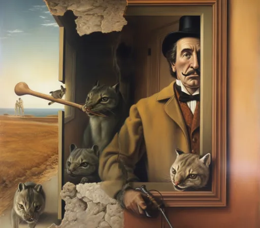 a painting of a man with cats in a doorway