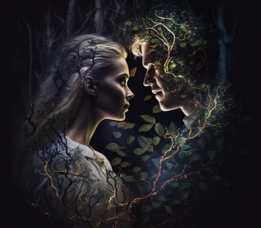 a man and a woman face to face in the woods