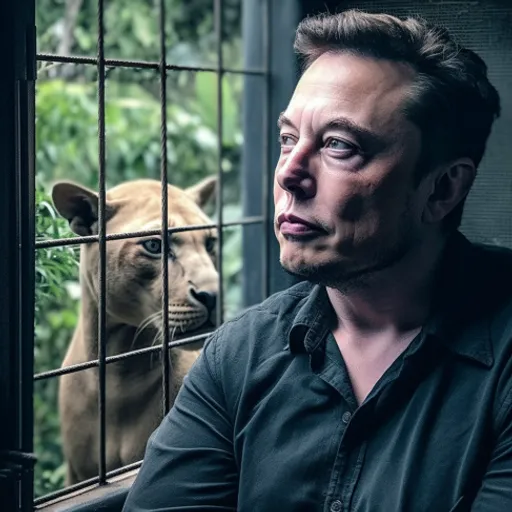 a man looking out of a cage at a lion