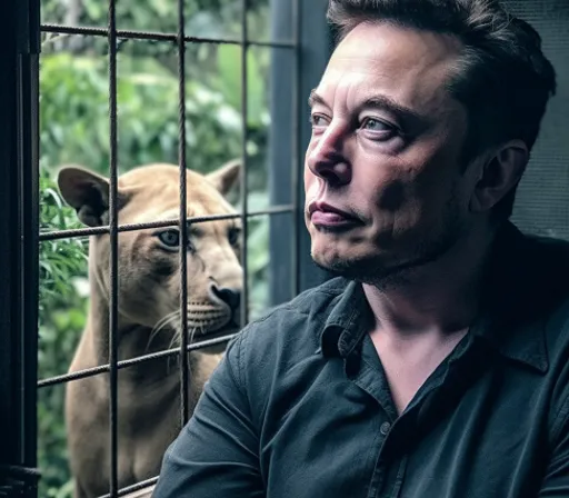 a man looking out of a cage at a lion