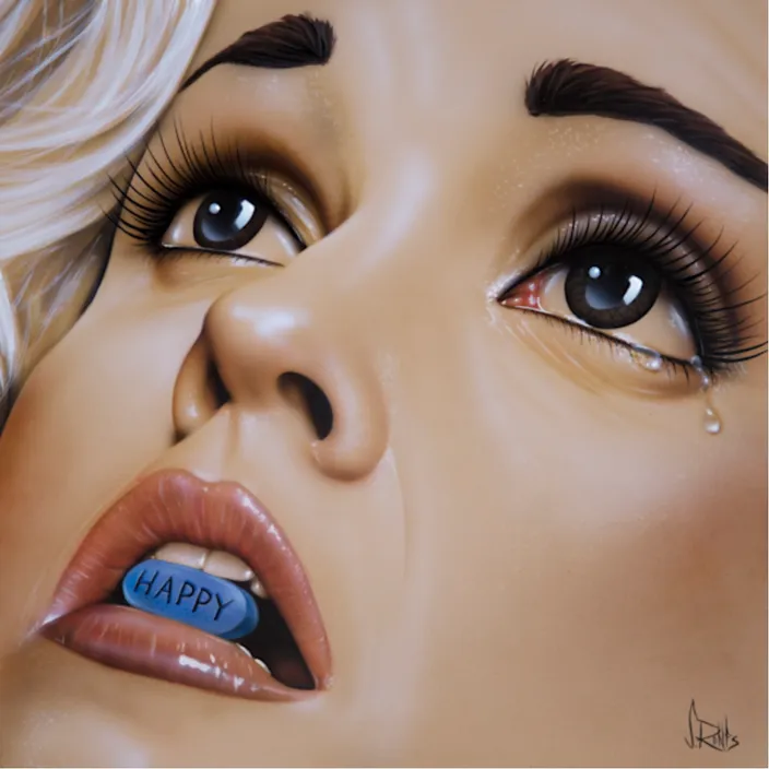 a painting of a woman's face with a happy pill in her mouth