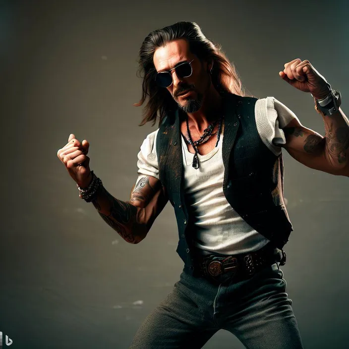 a man with long hair and sunglasses is dancing