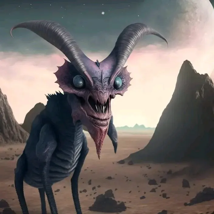 a strange looking creature with large horns standing in a desert