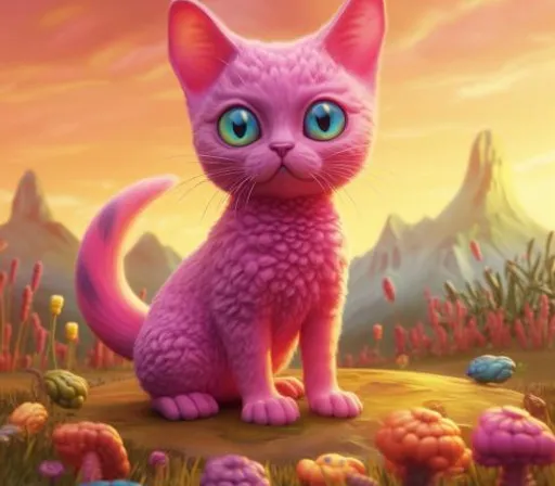 a pink cat sitting on top of a lush green field