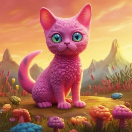 a pink cat sitting on top of a lush green field