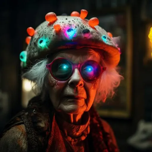 an old woman with glowing glasses and a hat