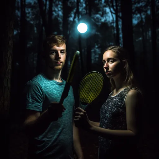 a man and a woman holding tennis rackets in the dark