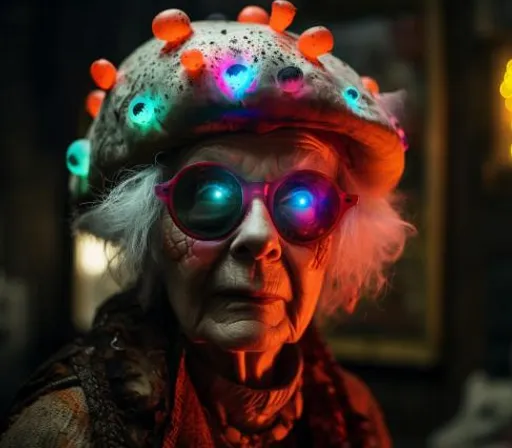 an old woman wearing a hat with lights on it