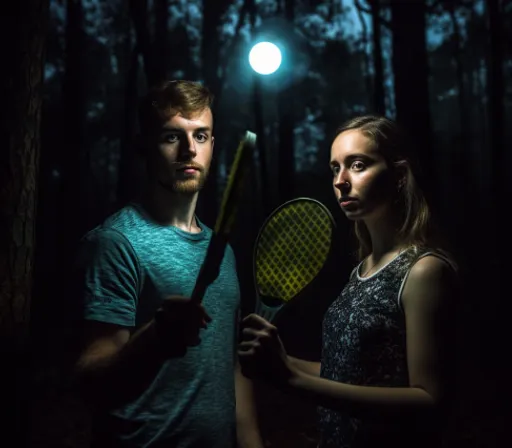 a man and a woman holding tennis rackets in the dark