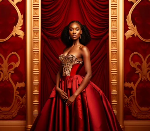 a woman in a red dress standing in front of a red curtain