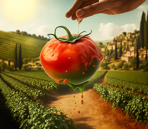 a hand holding a tomato in a field