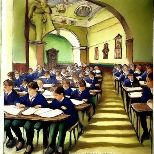 a painting of a classroom full of students