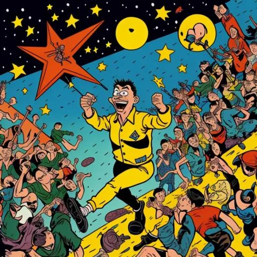 a cartoon of a man holding a star above a crowd of people