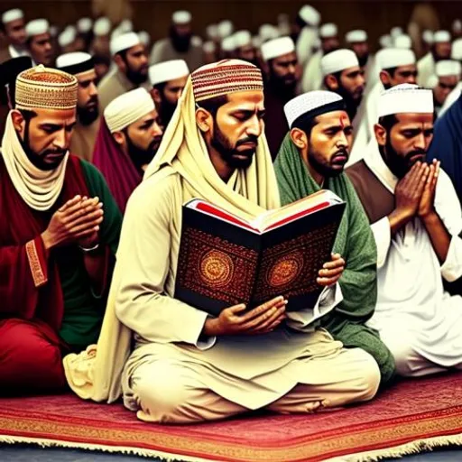 a group of men sitting on top of a rug