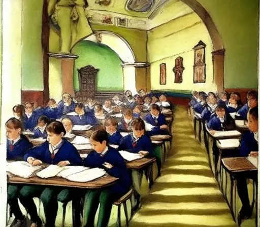 a painting of a classroom full of students