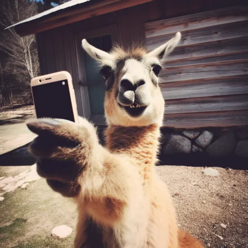 a llama holding a cell phone up to the camera