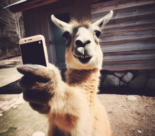 a close up of a llama holding a cell phone