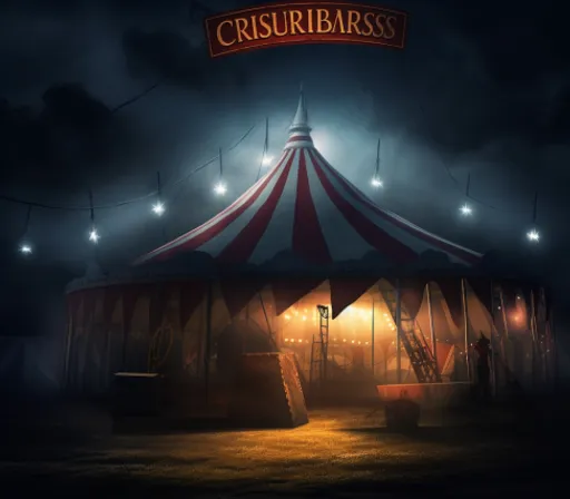 a circus tent lit up at night with lights