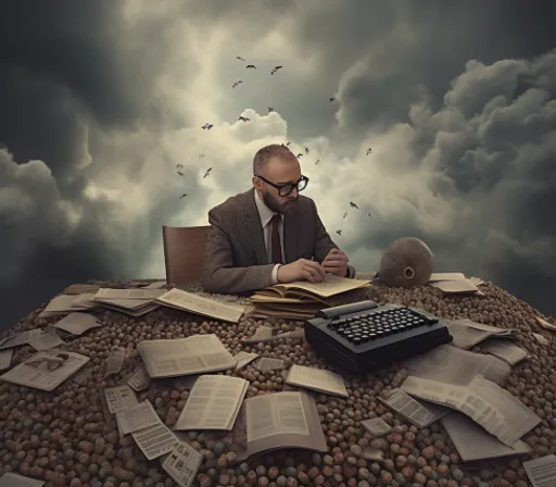 a man sitting at a table with a book and a typewriter