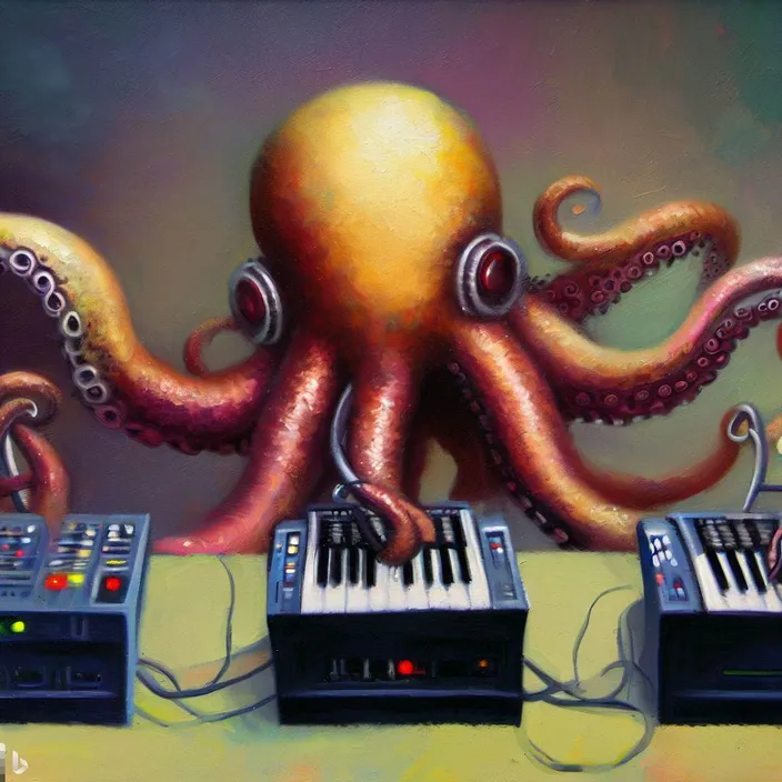 a painting of an octopus playing a keyboard