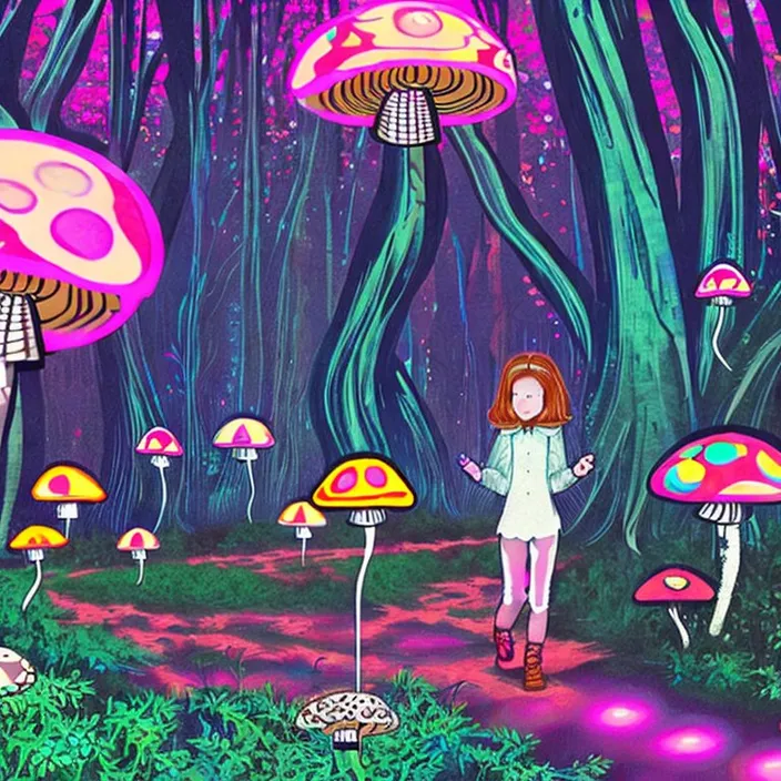 a painting of a girl standing in a forest surrounded by mushrooms