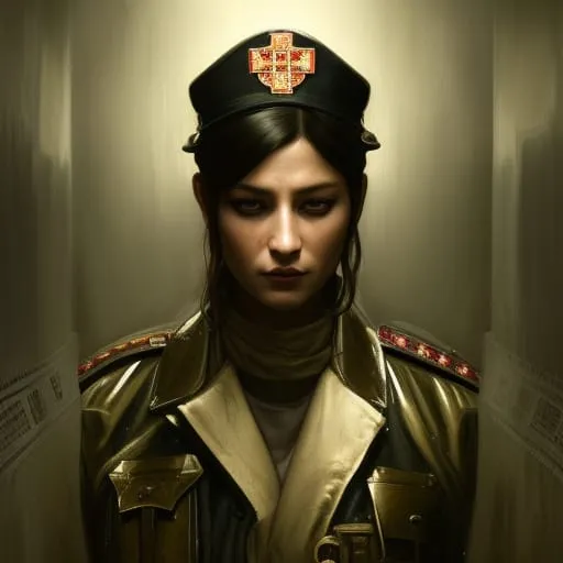 a woman in a uniform standing in a hallway