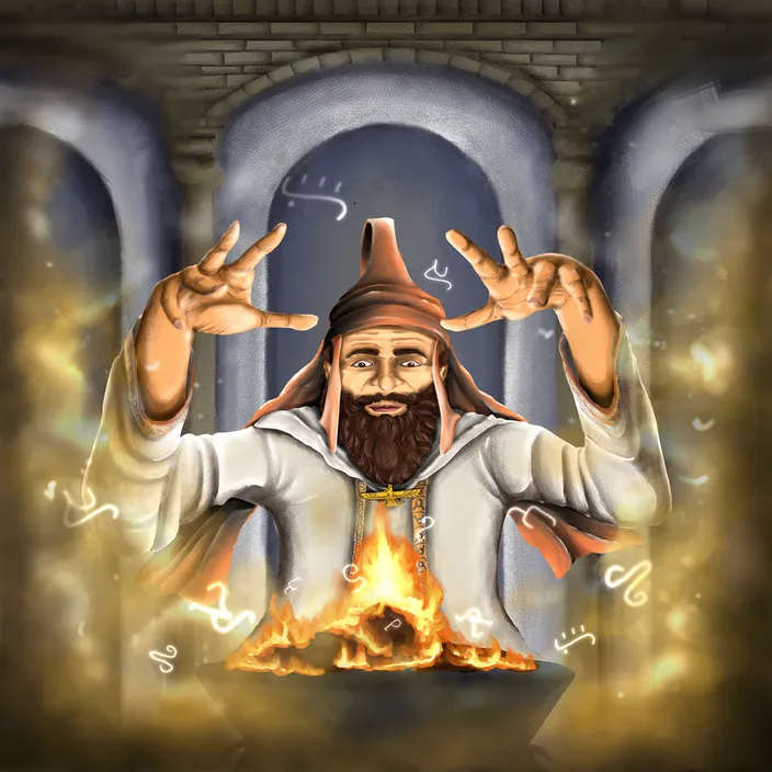 a painting of a man with a beard and a long beard holding his hands up