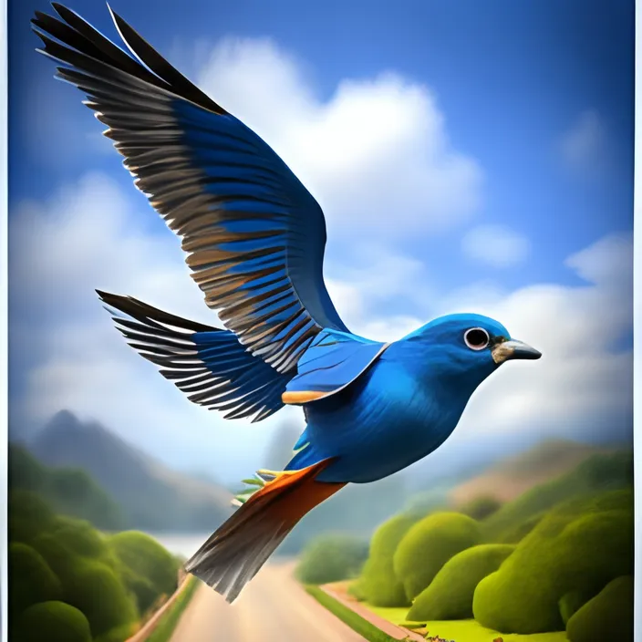 a blue bird flying over a dirt road