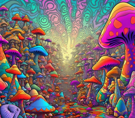 a painting of colorful mushrooms in a forest