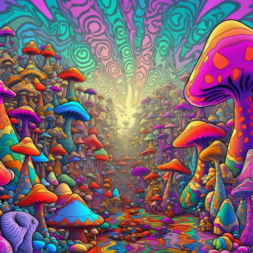 a painting of colorful mushrooms in a forest