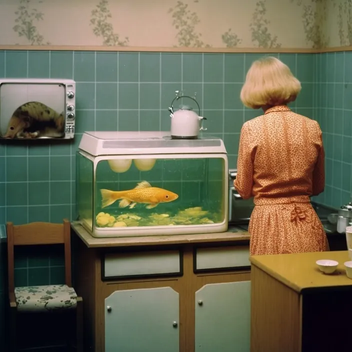 a woman standing in front of a fish tank