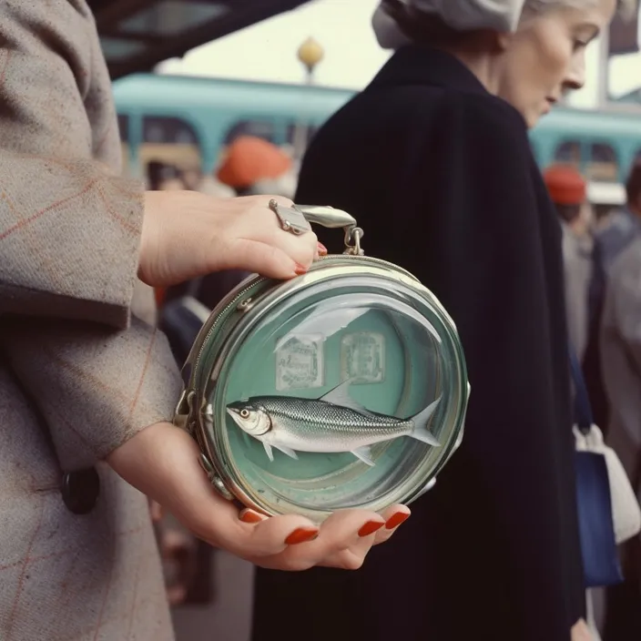 a woman holding a purse with a fish on it