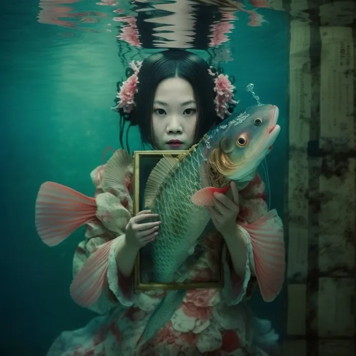 a woman holding a fish under water