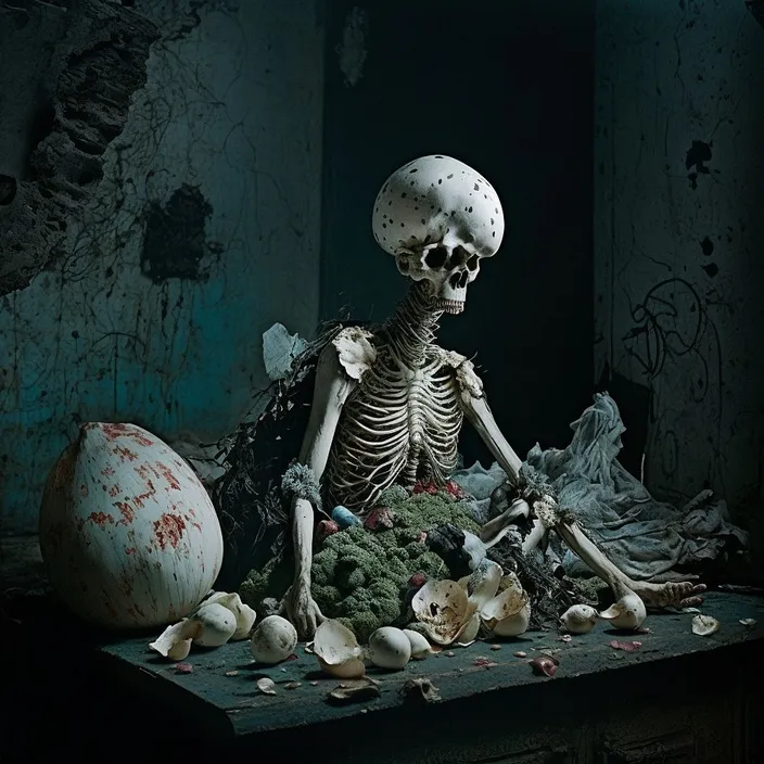 a skeleton sitting in front of a pile of vegetables