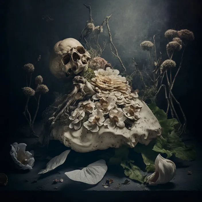 a still life with a skull and flowers