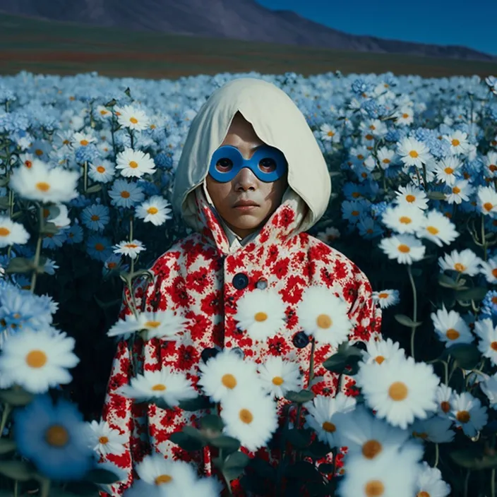 a boy in a field of daisies with blue eyes