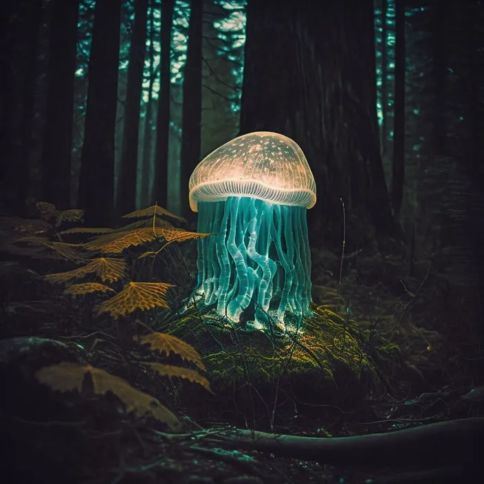 a glowing mushroom in the middle of a forest