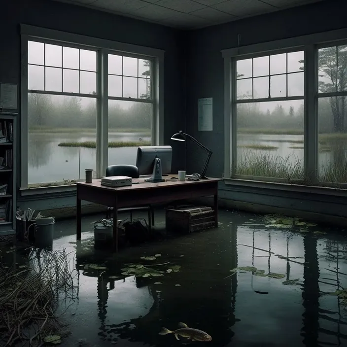 a flooded room with a computer on a desk