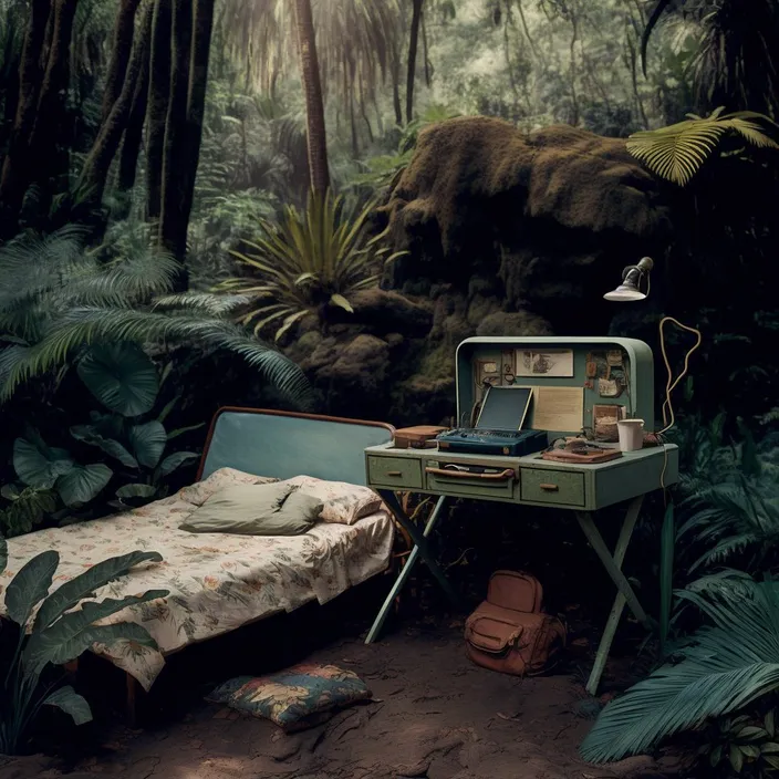 a bedroom with a bed and a desk in the middle of a forest