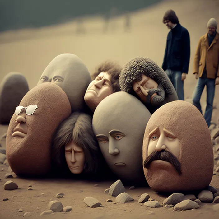 a group of people standing next to a pile of heads