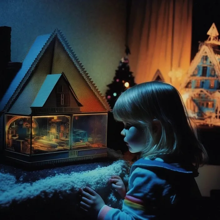 a little girl standing next to a doll house