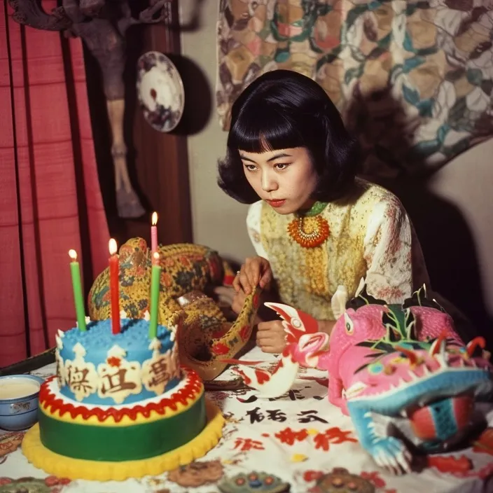 a woman sitting at a table in front of a cake