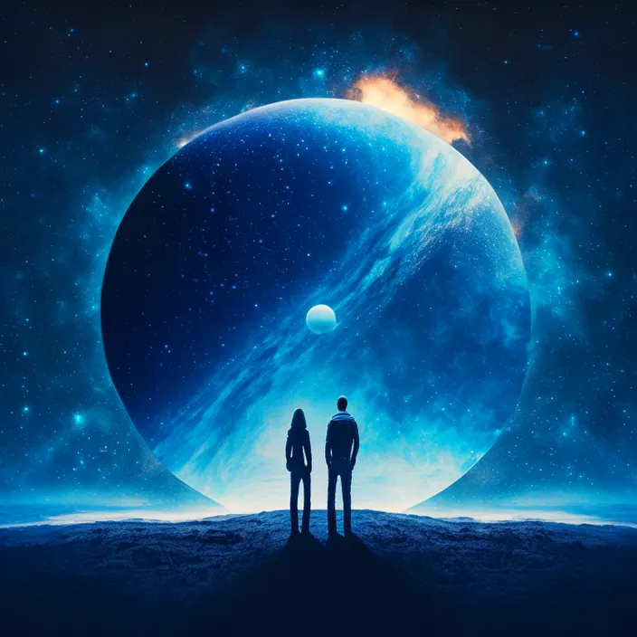 two people standing in front of a blue planet